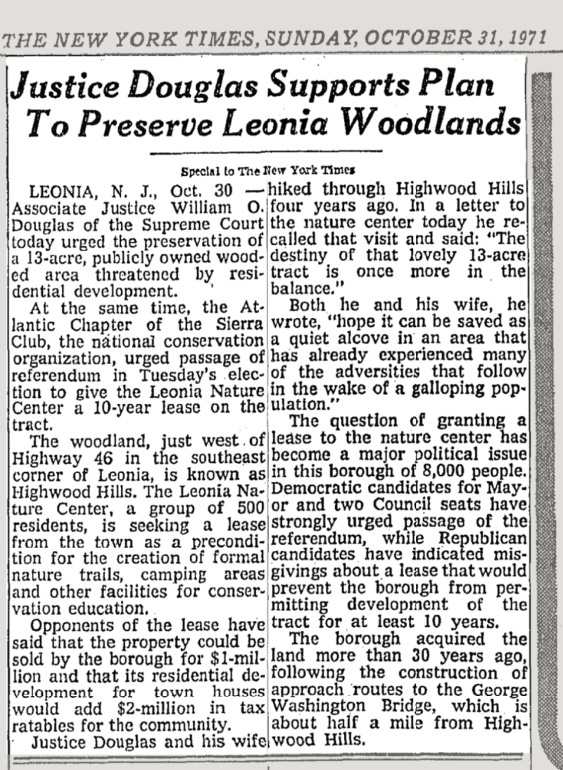 New York Times: Justice Douglas Supports Plan To Preserve Leonia Woodlands